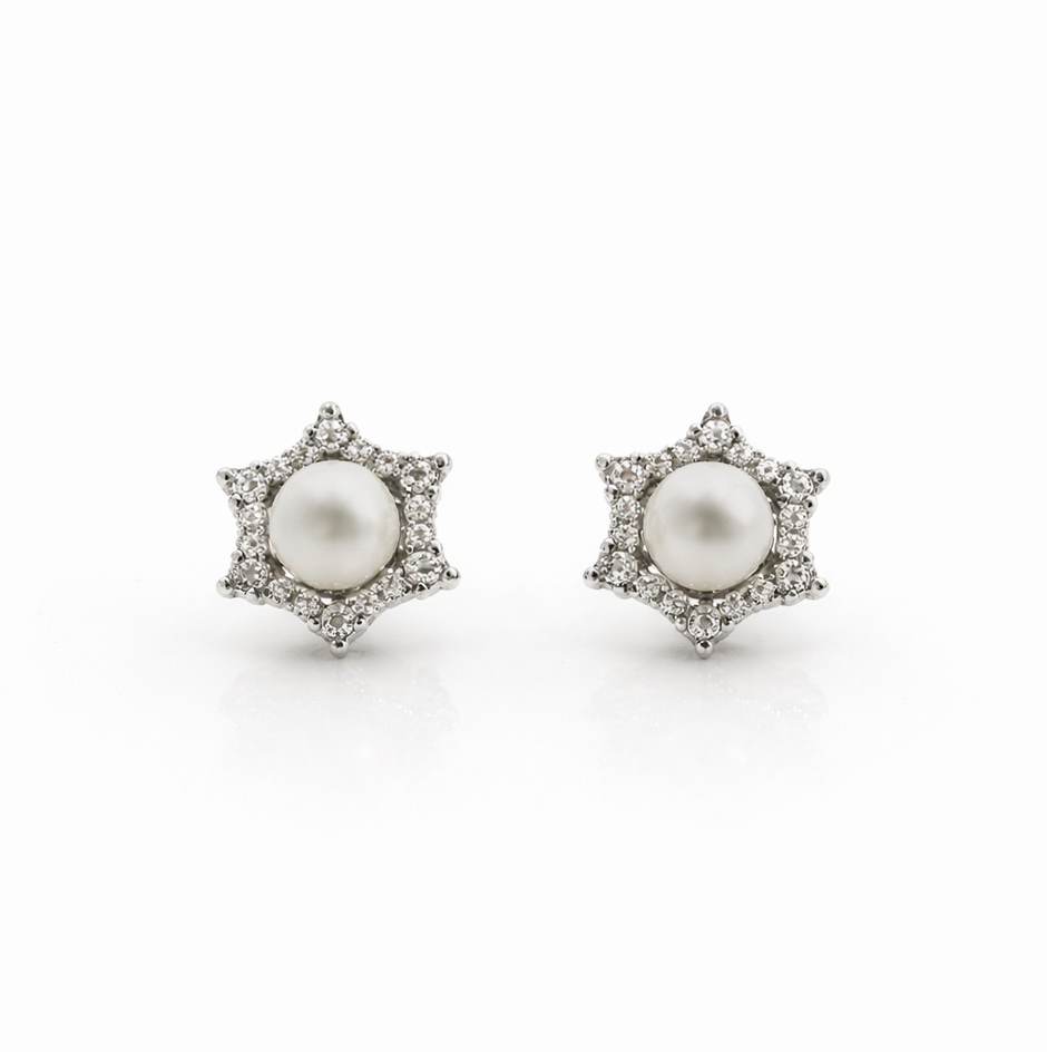 Fresh water pearl 6-6.5mm with zircon snowflake zinc alloy earring 10.5x10.5mm