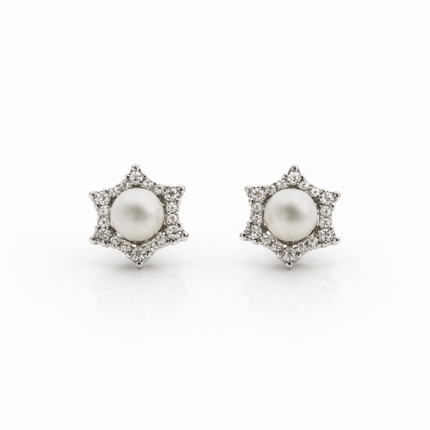 Fresh water pearl 6-6.5mm with zircon snowflake zinc alloy earring 10.5x10.5mm