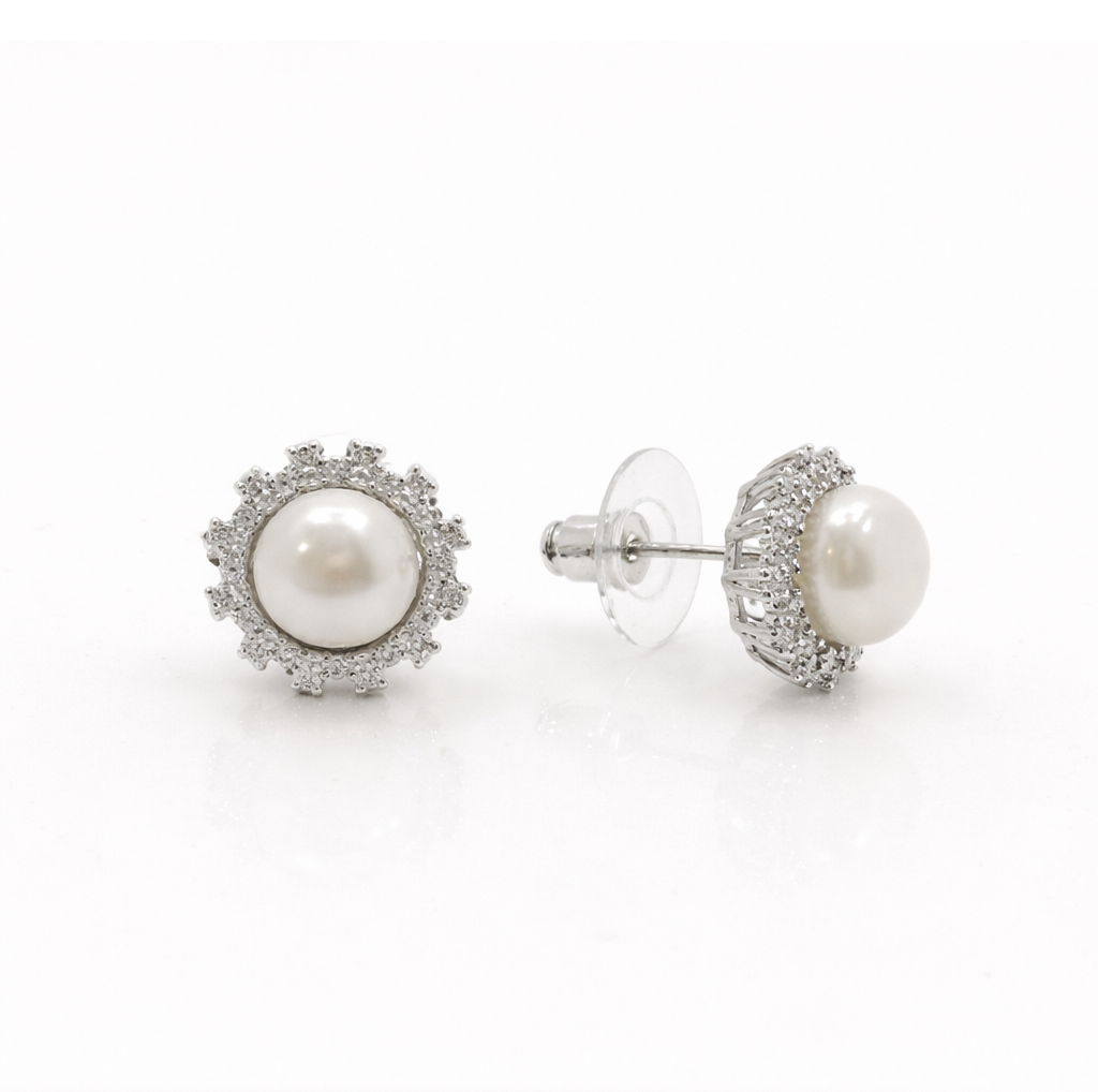 Fresh water pearl 8-8.5mm with zircon snowflake zinc alloy earring 13x13mm