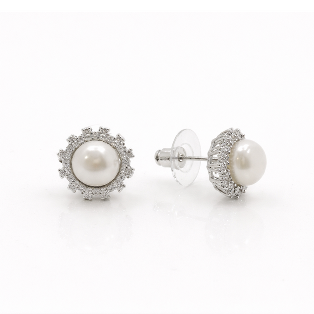 Fresh water pearl 8-8.5mm with zircon snowflake zinc alloy earring 13x13mm