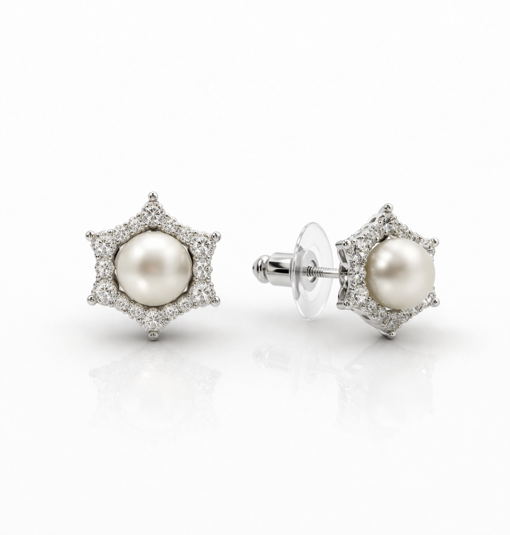 Fresh water pearl 6-6.5mm with zircon snowflake zinc alloy earring 10.5x10.5mm