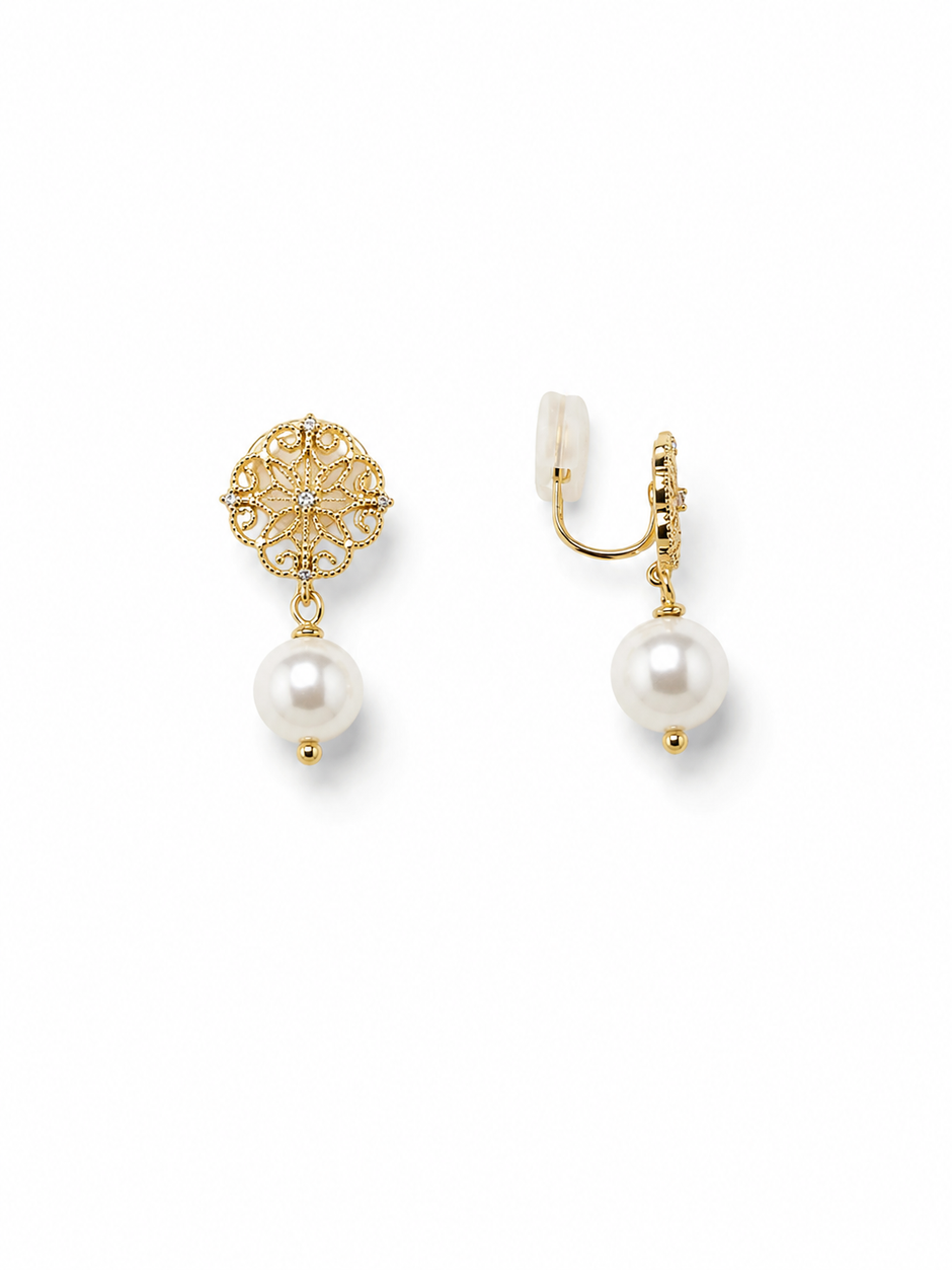 Pearl Shell 10mm Clip On Cubic Mesh Dangling Alloy Earring
