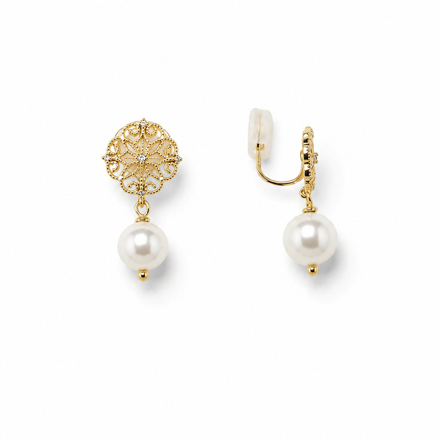 Pearl Shell 10mm Clip On Cubic Mesh Dangling Alloy Earring