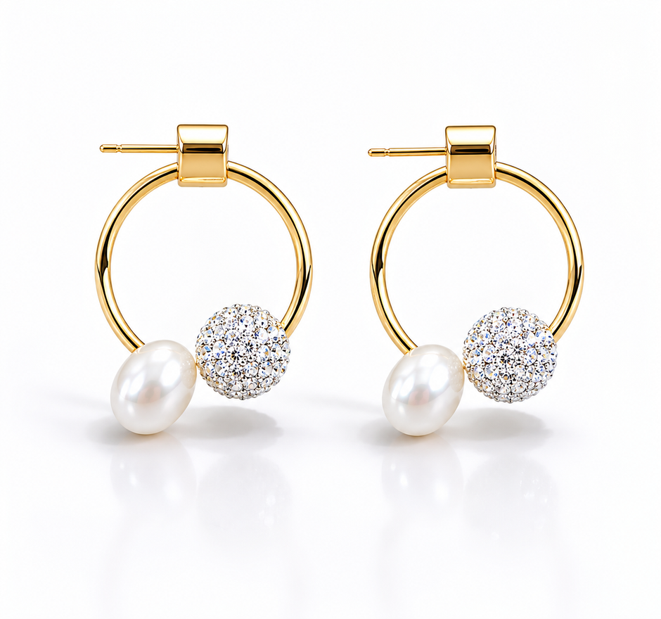 Fresh Water Pearl Stack With Swarovski Ball Alloy Earring