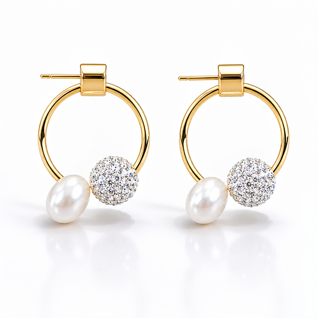 Fresh Water Pearl Stack With Swarovski Ball Alloy Earring