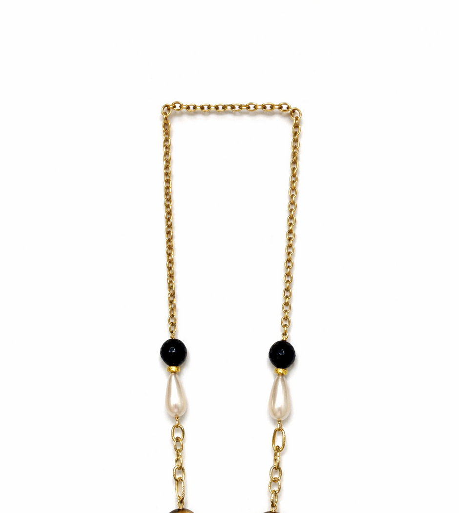 Tiger Eye Black Agate And Shell Pearl Stainless Steel Links Necklace