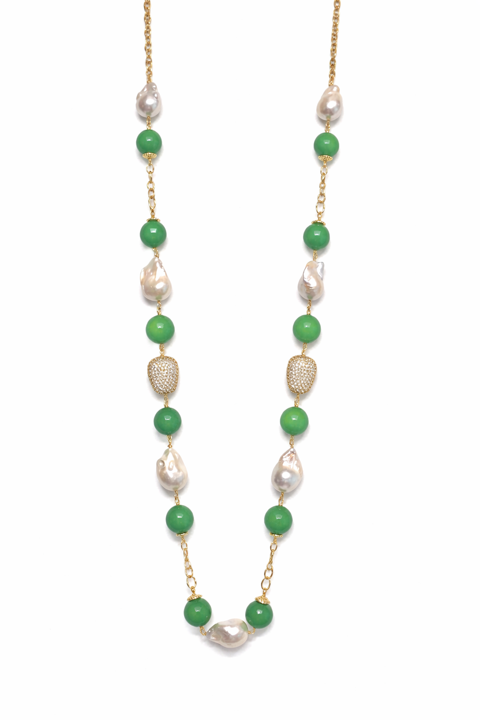 Fresh Water Pearl Baroque With Green Agate Stainless Steel Links Necklace