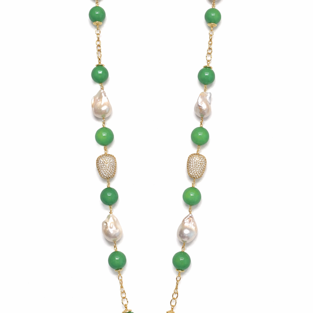 Fresh Water Pearl Baroque With Green Agate Stainless Steel Links Necklace