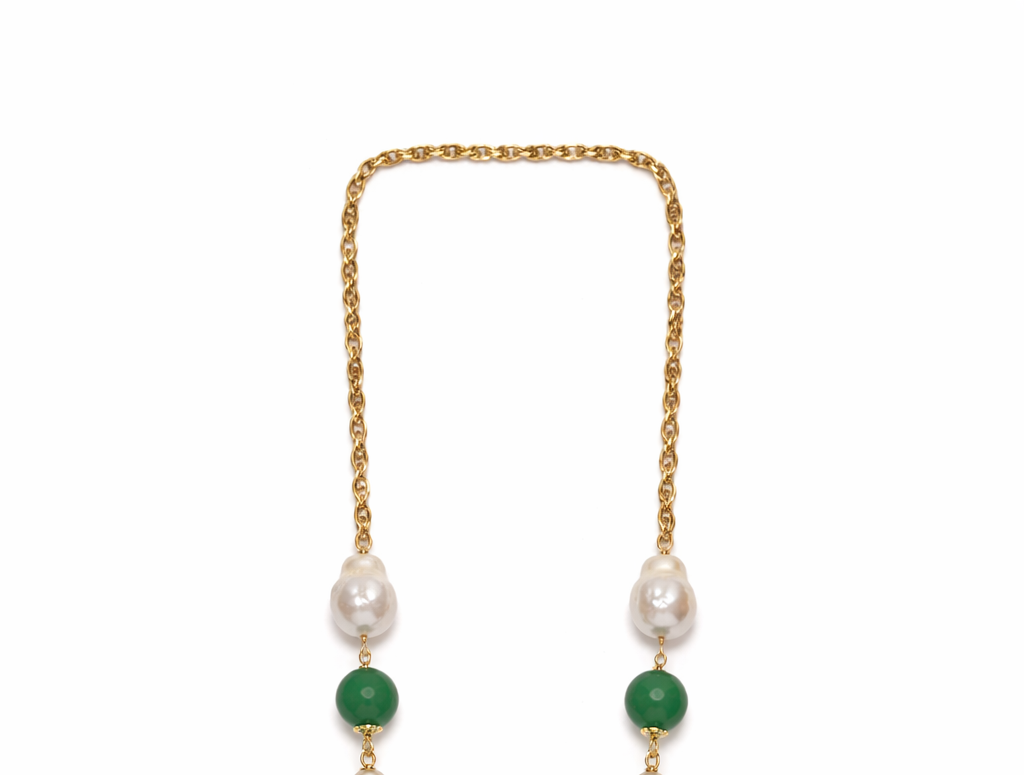 Fresh Water Pearl Baroque With Green Agate Stainless Steel Links Necklace