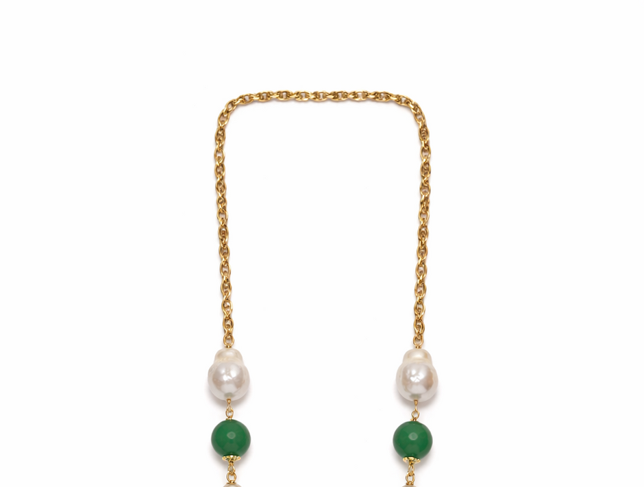Fresh Water Pearl Baroque With Green Agate Stainless Steel Links Necklace