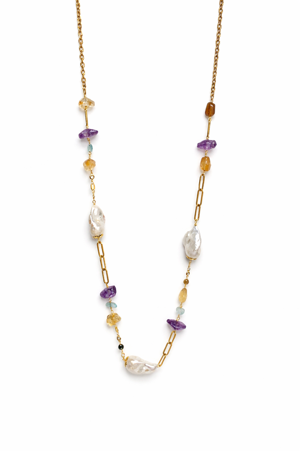 Baroque Pearl With Amethyst Citrine Aquamarine Stainless Steel Links Necklace