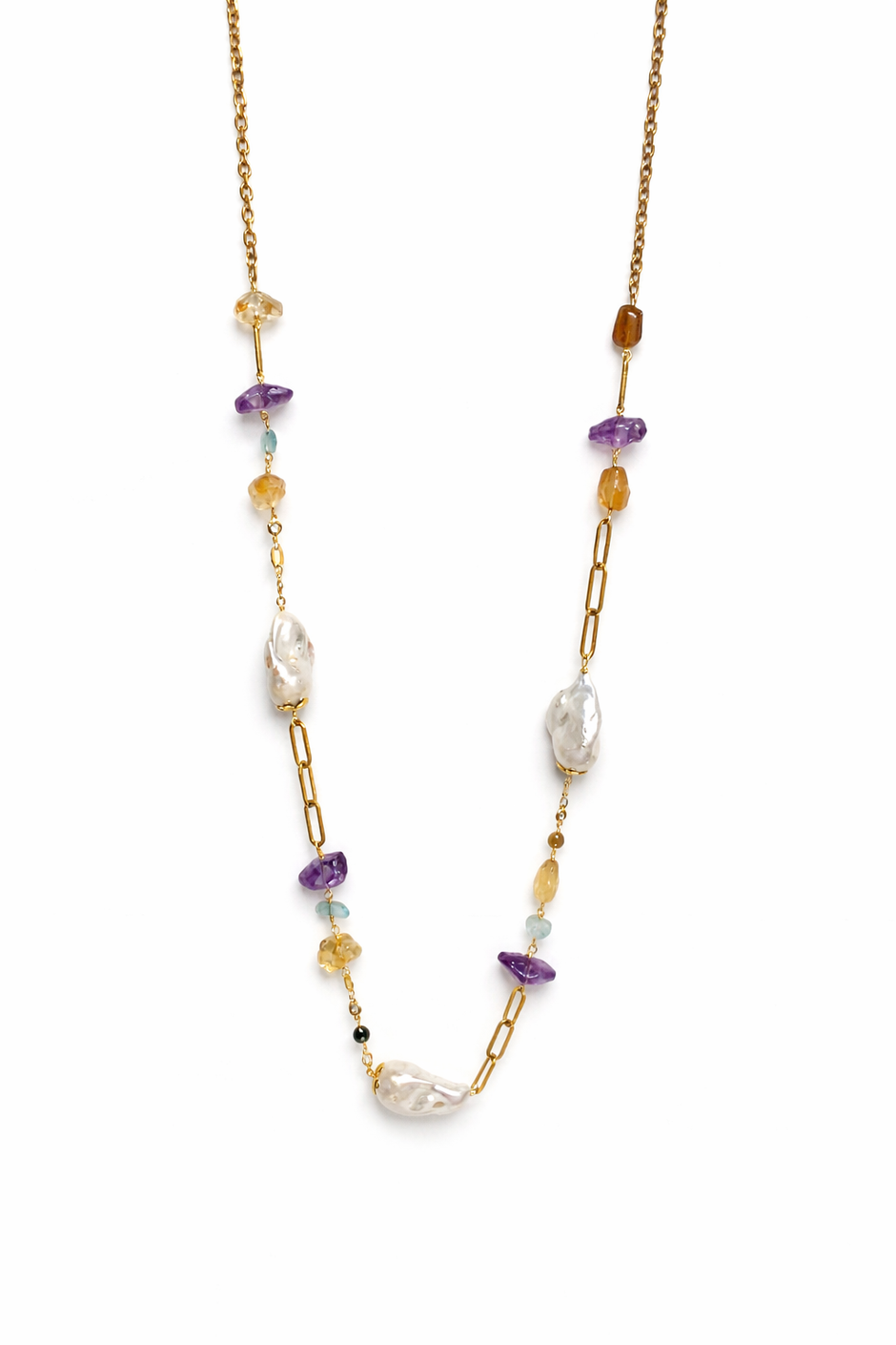 Baroque Pearl With Amethyst Citrine Aquamarine Stainless Steel Links Necklace