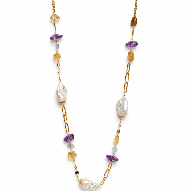 Baroque Pearl With Amethyst Citrine Aquamarine Stainless Steel Links Necklace