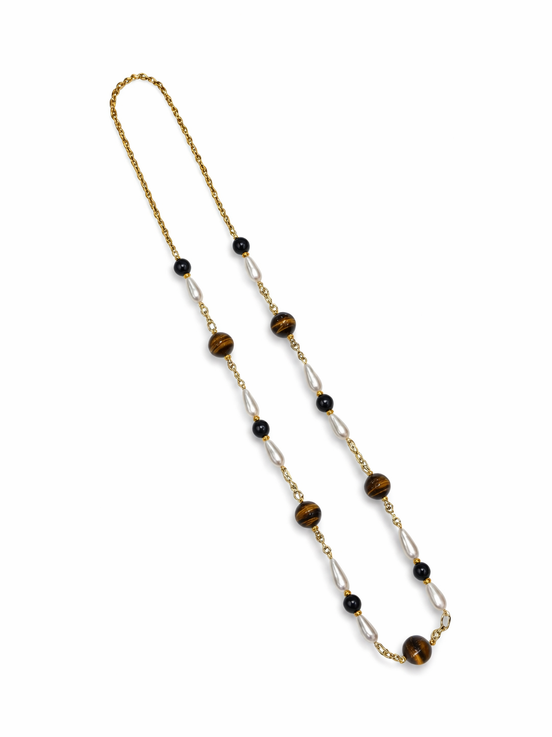 Tiger Eye Black Agate And Shell Pearl Stainless Steel Links Necklace