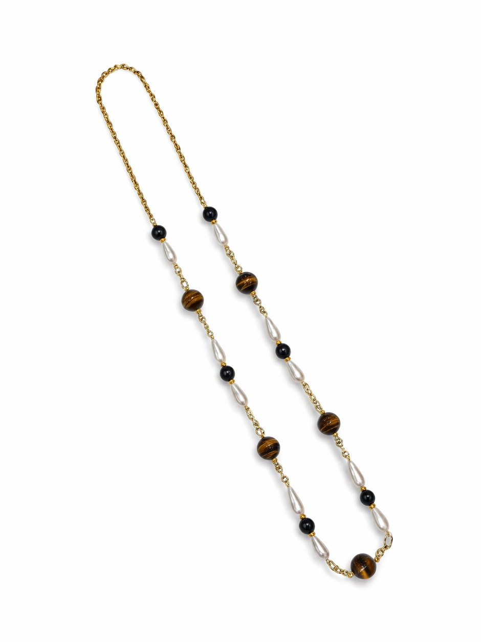Tiger Eye Black Agate And Shell Pearl Stainless Steel Links Necklace
