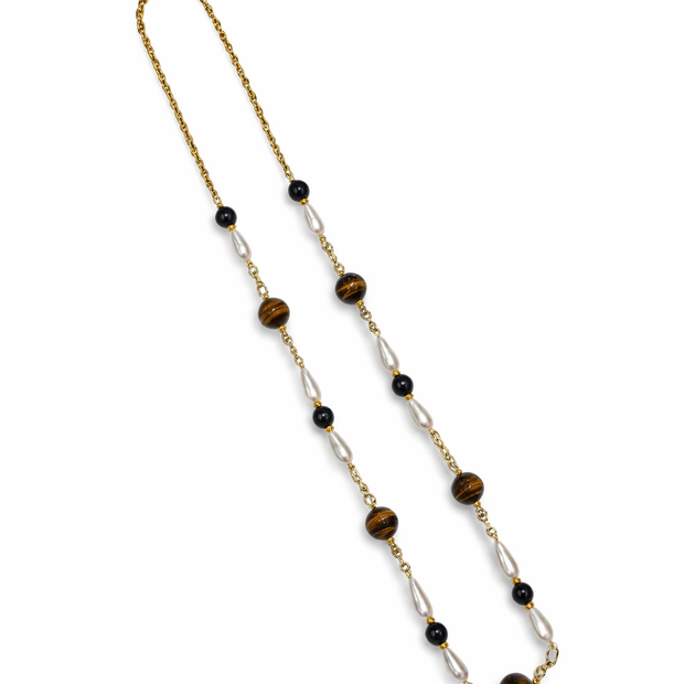 Tiger Eye Black Agate And Shell Pearl Stainless Steel Links Necklace