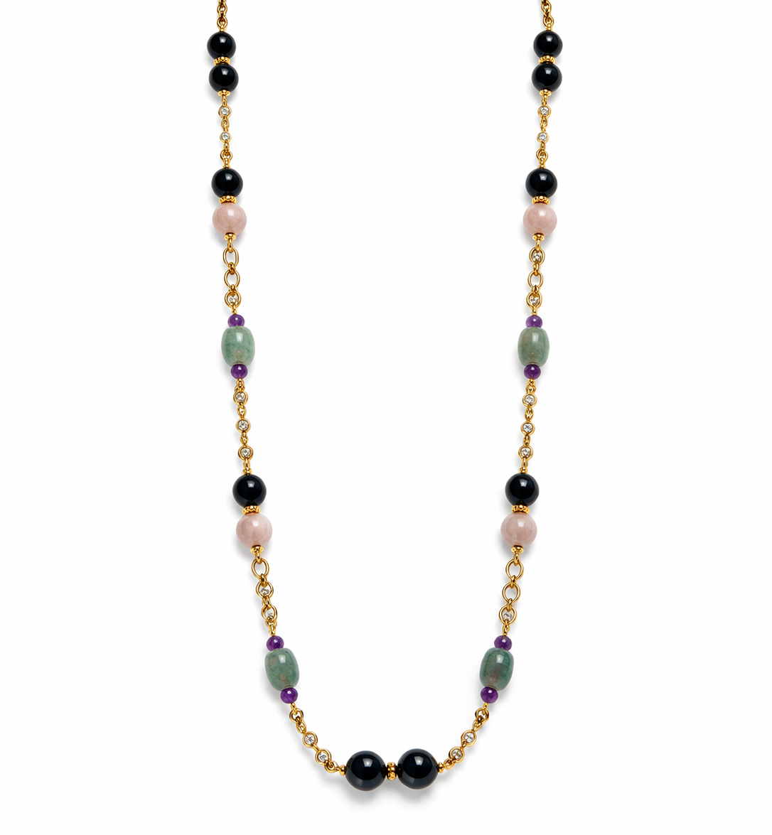 Black Agate Kunzite A Jade Amethyst Stainless Steel Links Necklace
