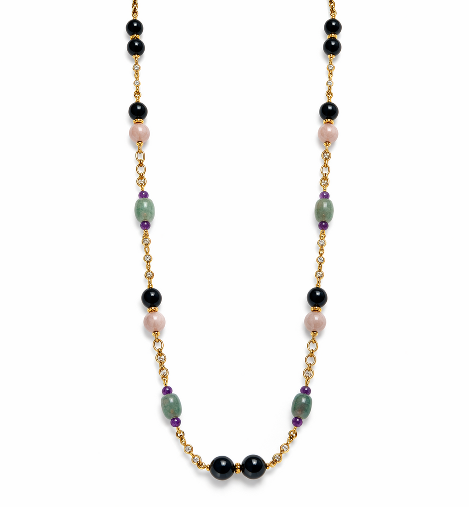 Black Agate Kunzite A Jade Amethyst Stainless Steel Links Necklace