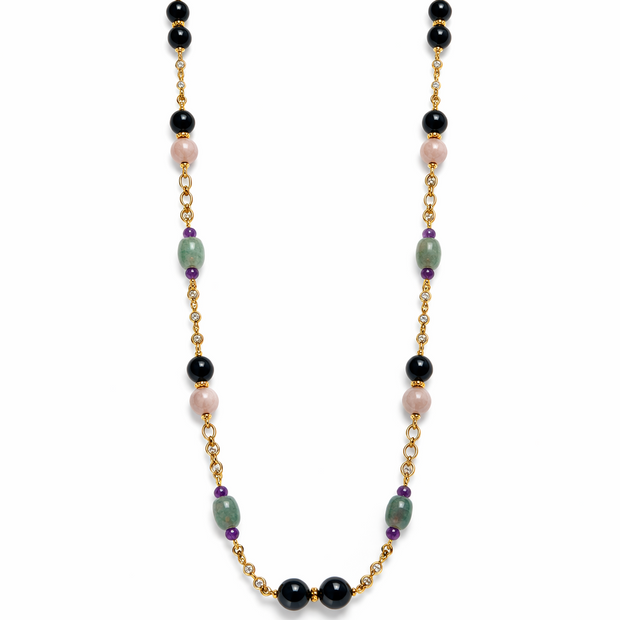 Black Agate Kunzite A Jade Amethyst Stainless Steel Links Necklace