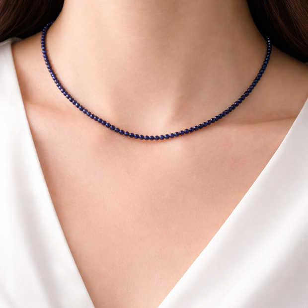 Sapphire Beads Strand  3-3.5mm Stainless Steel Necklace