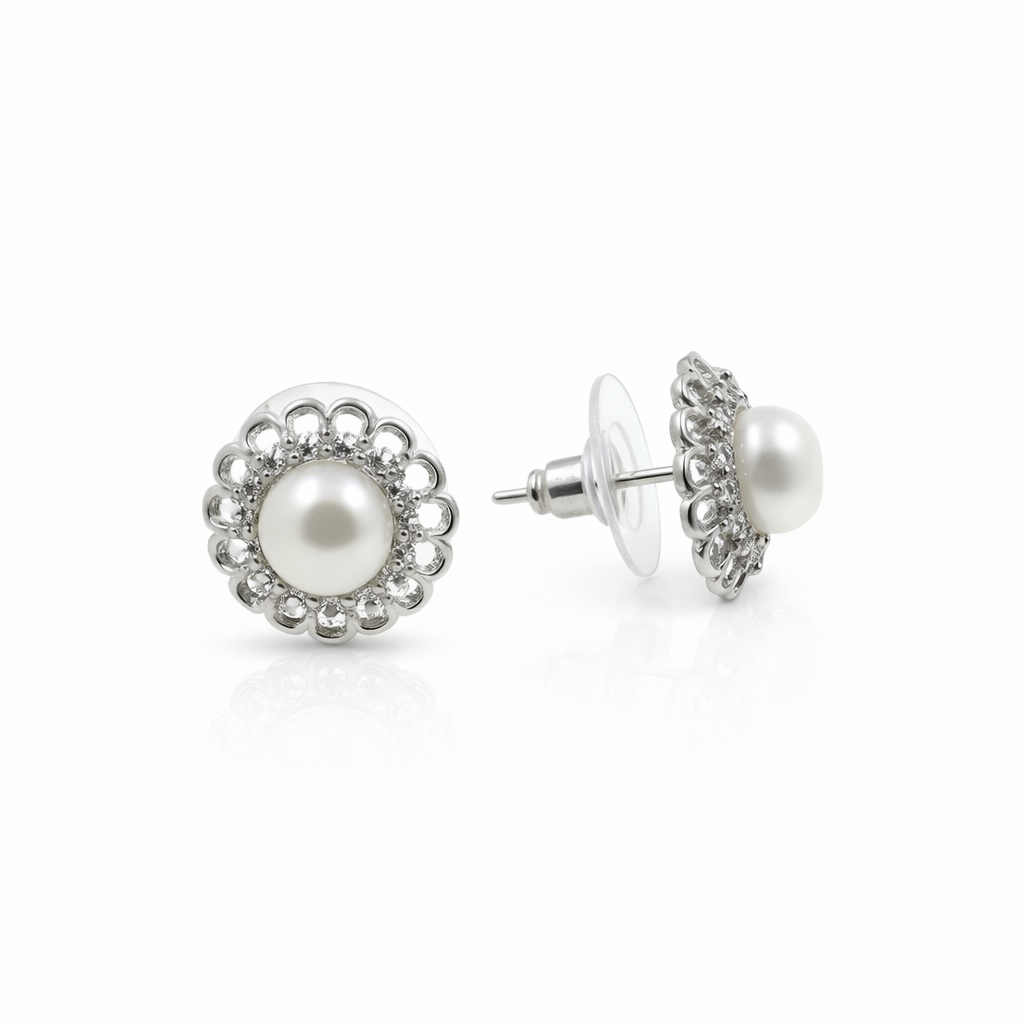 Fresh water pearl 6mm with zircon sunflower zinc alloy earring 12x12mm