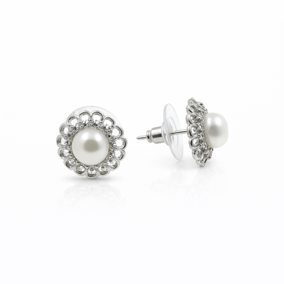 Fresh water pearl 6mm with zircon sunflower zinc alloy earring 12x12mm