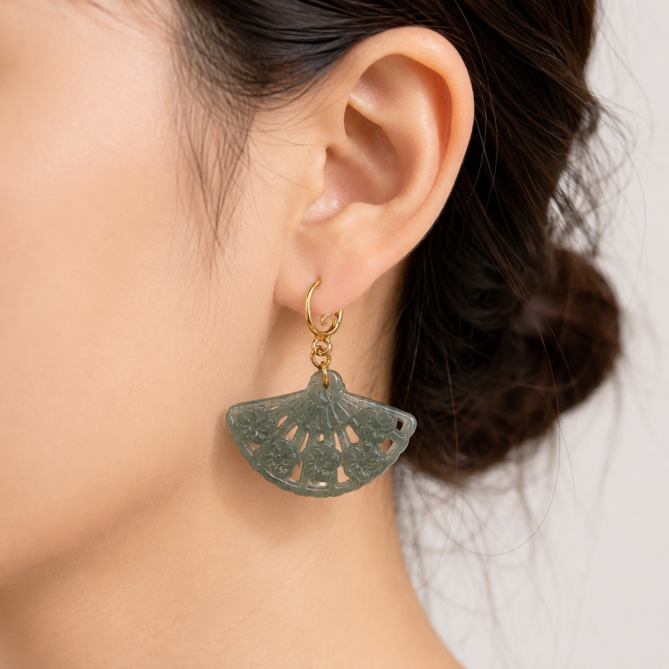 A Grade Jade Fan Carving Zinc Alloy Dangling Earring