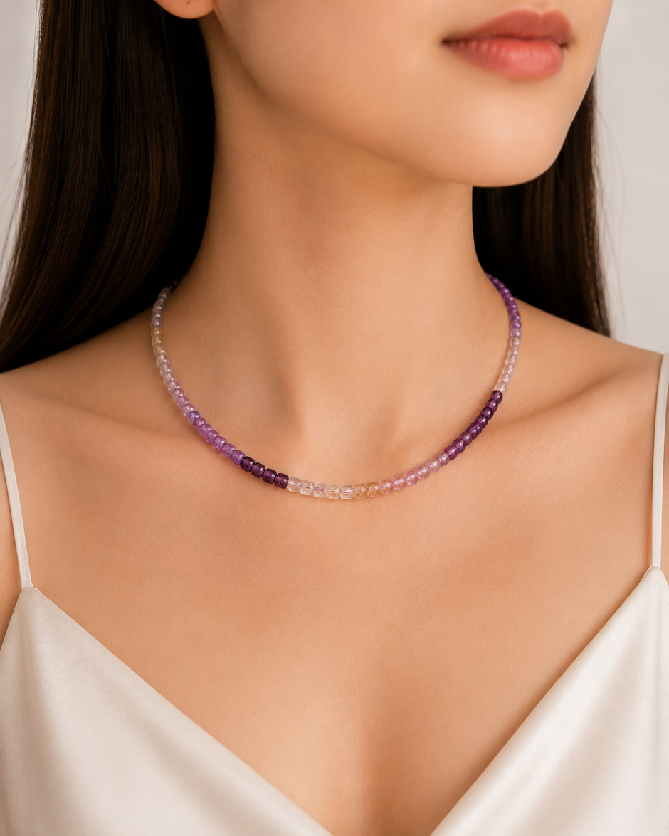 Amethyst, Rose Quartz & Light Citrine Beads Strand 3.5-4mm Stainless Steel Necklace