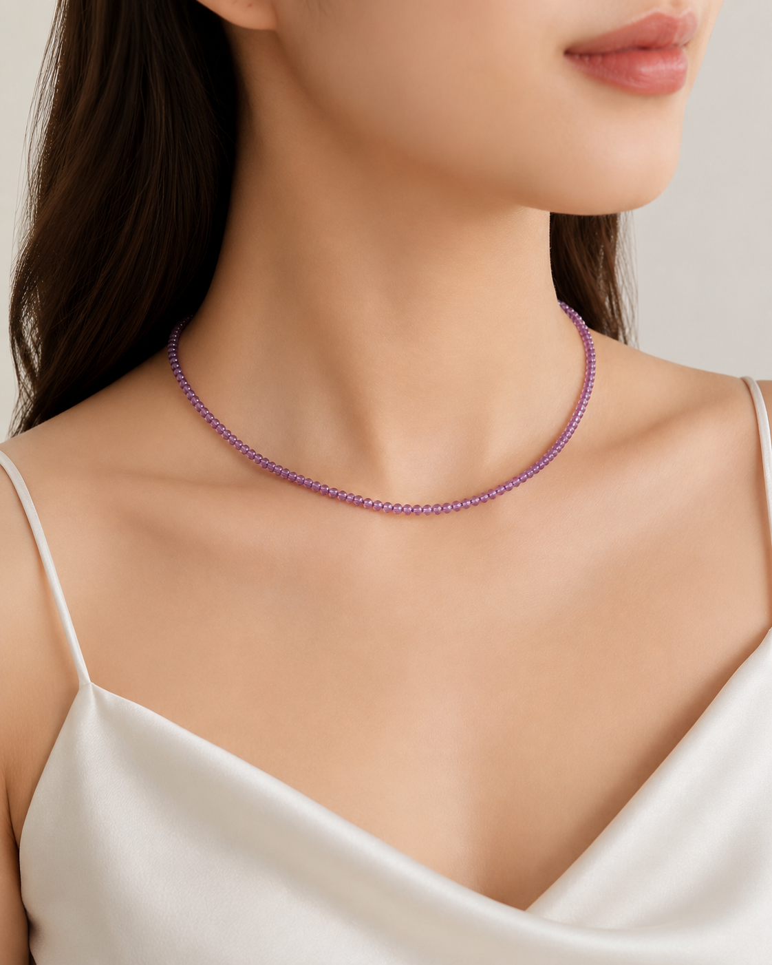 Amethyst Beads Strand  3-3.5mm Stainless Steel Necklace