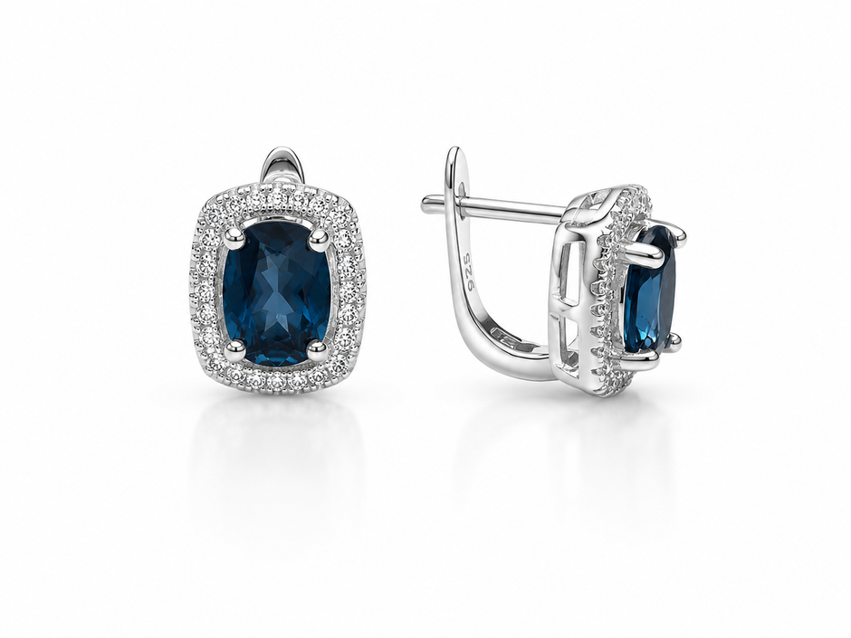 London Blue Topaz Oval Faceted With Cubic Zirconia Square Frame 925 Silver Set