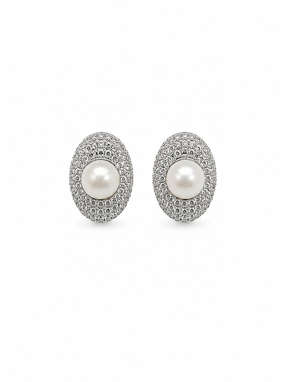 Fresh water pearl 7-8.5 mm with zirconia pave earring and pendant disc alloy set