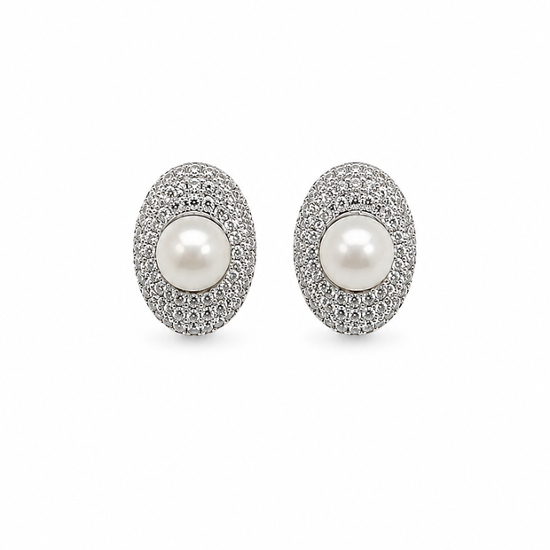 Fresh water pearl 7-8.5 mm with zirconia pave earring and pendant disc alloy set
