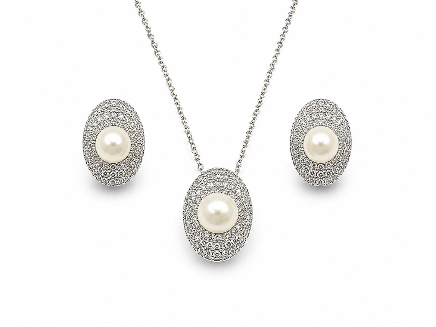 Fresh water pearl 7-8.5 mm with zirconia pave earring and pendant disc alloy set