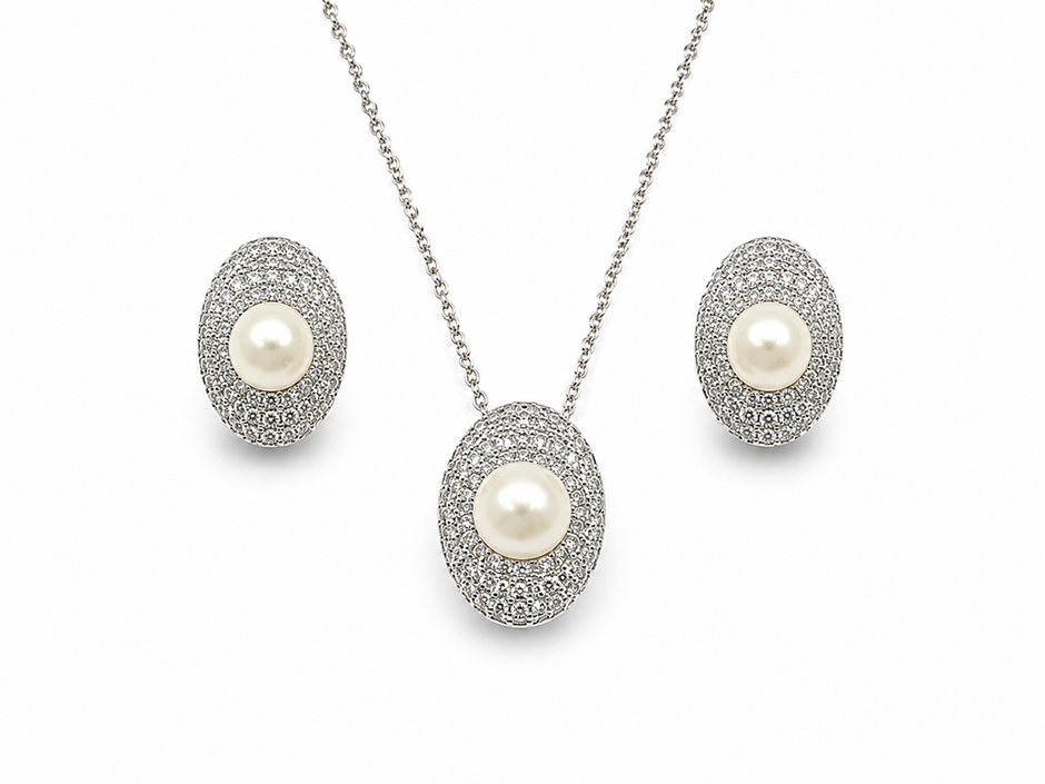 Fresh water pearl 7-8.5 mm with zirconia pave earring and pendant disc alloy set