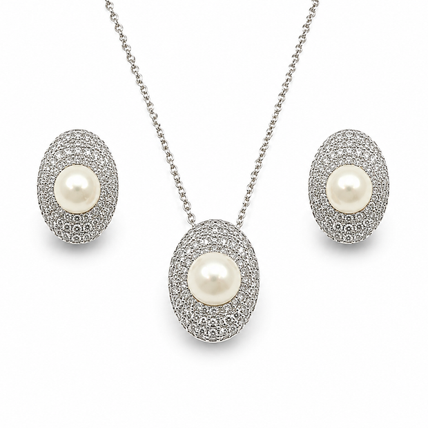 Fresh water pearl 7-8.5 mm with zirconia pave earring and pendant disc alloy set