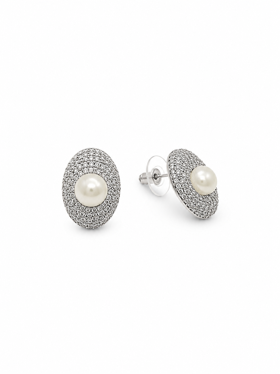 Fresh water pearl 7-8.5 mm with zirconia pave earring and pendant disc alloy set