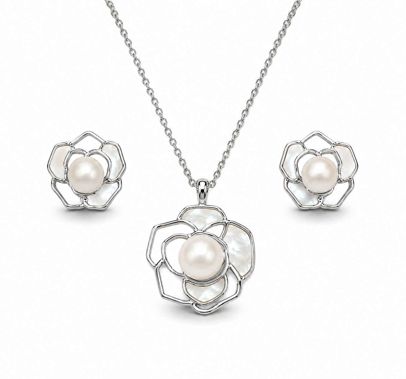 Fresh water pearl 9-10mm with mother of pearl earring and pendant rose alloy set