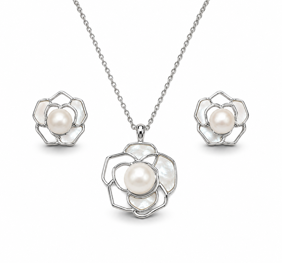 Fresh water pearl 9-10mm with mother of pearl earring and pendant rose alloy set