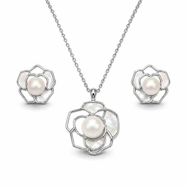 Fresh water pearl 9-10mm with mother of pearl earring and pendant rose alloy set