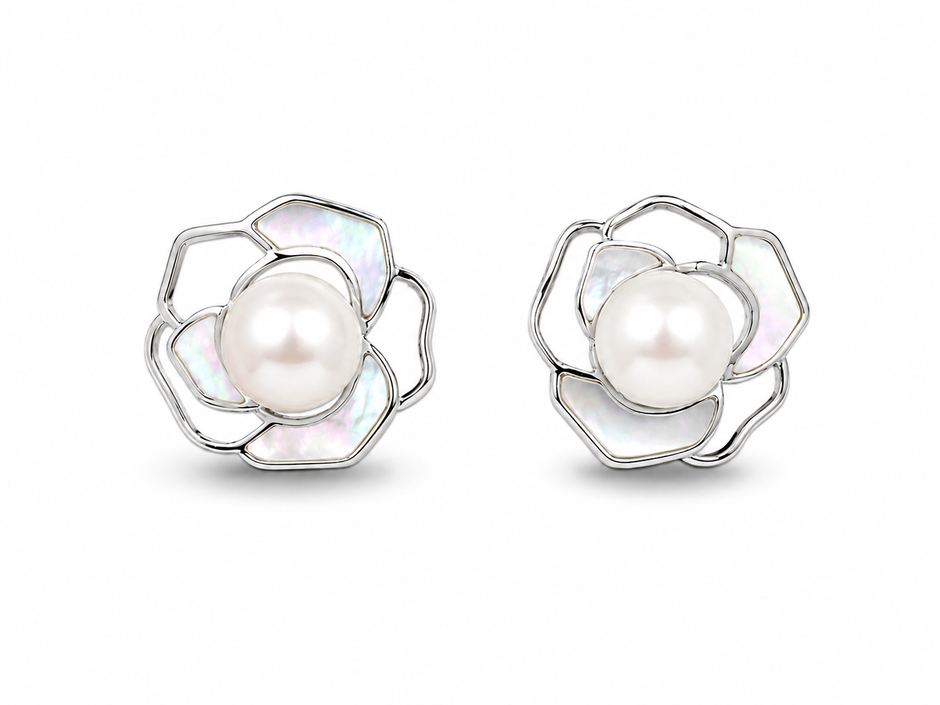 Fresh water pearl 9-10mm with mother of pearl earring and pendant rose alloy set
