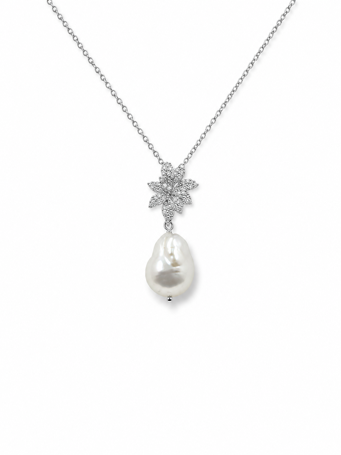 Fresh Water Pearl Baroque Cubic Zirconia Flower Alloy Pendant With Stainless Steel Chain