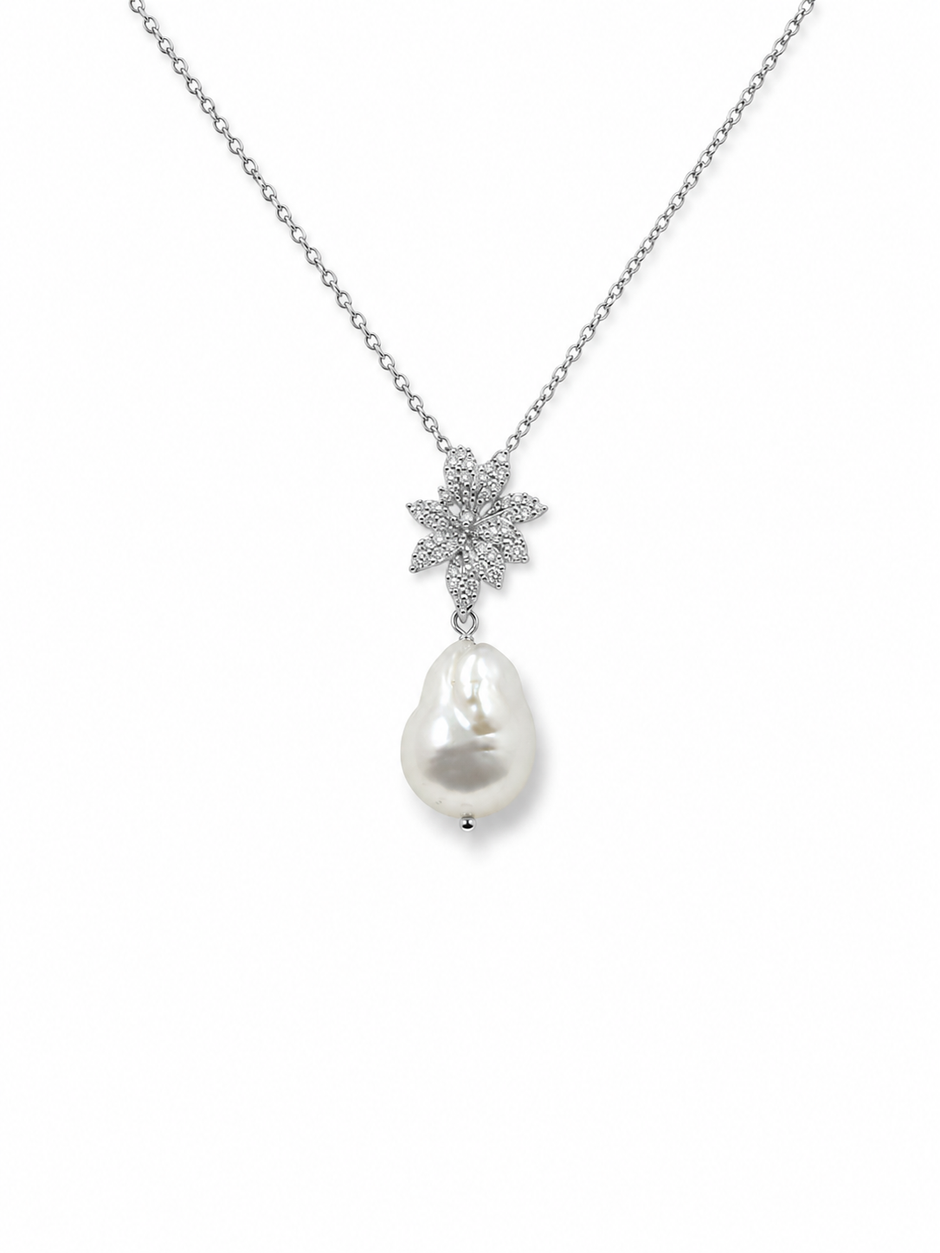 Fresh Water Pearl Baroque Cubic Zirconia Flower Alloy Pendant With Stainless Steel Chain