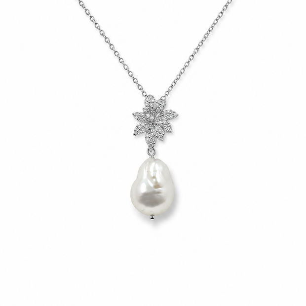 Fresh Water Pearl Baroque Cubic Zirconia Flower Alloy Pendant With Stainless Steel Chain
