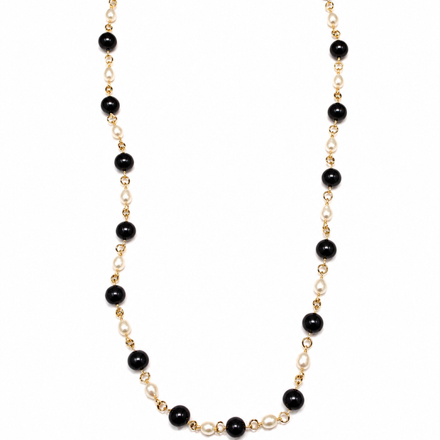 Fresh Water Pearl Baroque With Black Tourmaline Stainless Steel Links Necklace