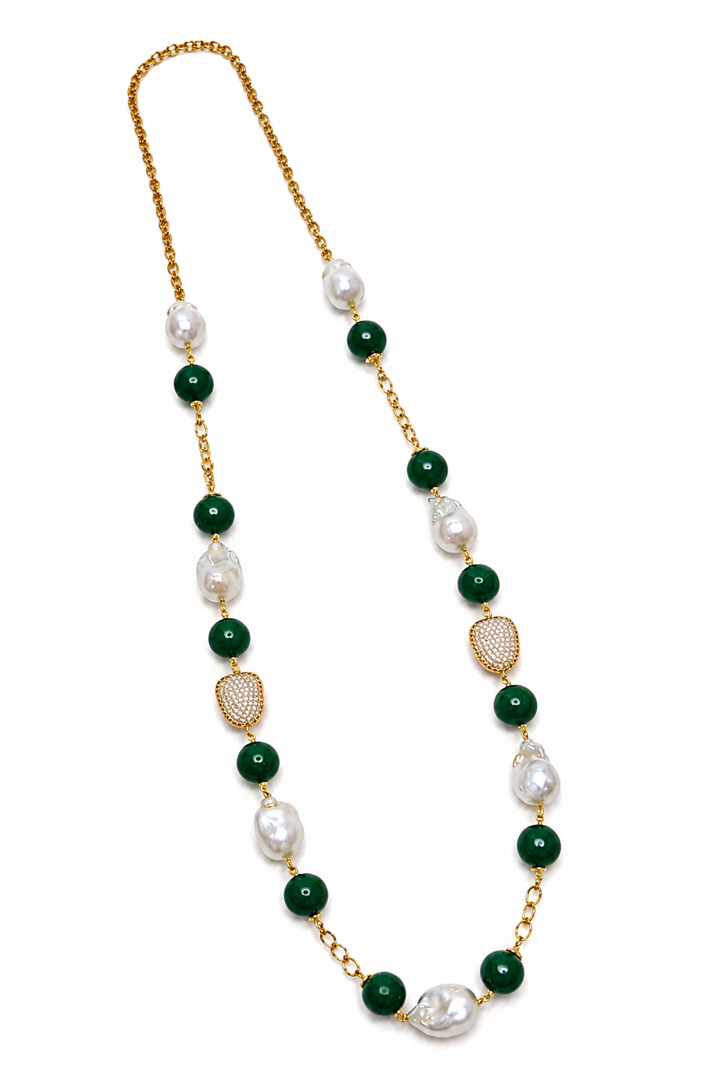 Fresh Water Pearl Baroque With Green Agate Stainless Steel Links Necklace