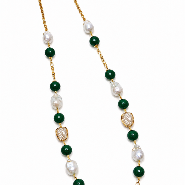 Fresh Water Pearl Baroque With Green Agate Stainless Steel Links Necklace