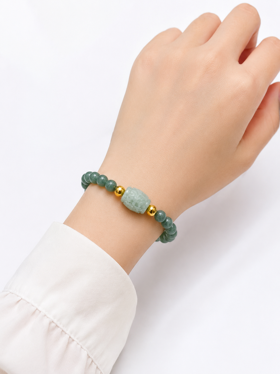 A Grade Medium Green Jade 5.5-6mm With Barrel A jade Stainless Steel Bracelet