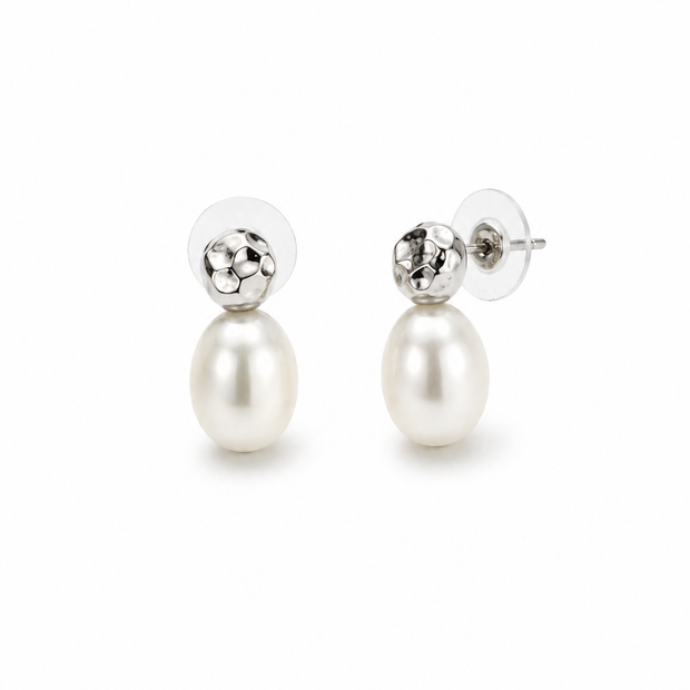 Fresh Water Pearl Rice Hammered Alloy Earring