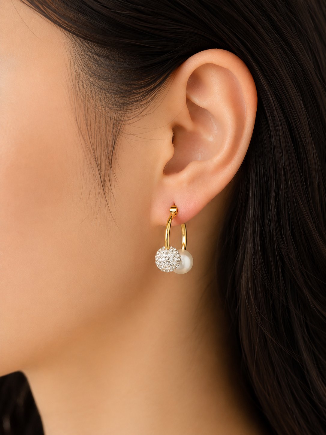 Fresh Water Pearl Stack With Swarovski Ball Alloy Earring