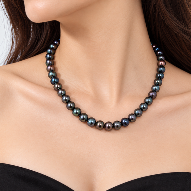 Fresh Water Pearl 8-8.5mm Dyed Black Enhanced Strand Stainless Steel Hook Necklace